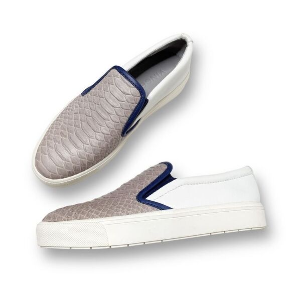 Vince Two-Tone Ivory Gray Banler Crocodile Snake Skin Slip Ons Women’s Size 6.5M - Picture 1 of 10